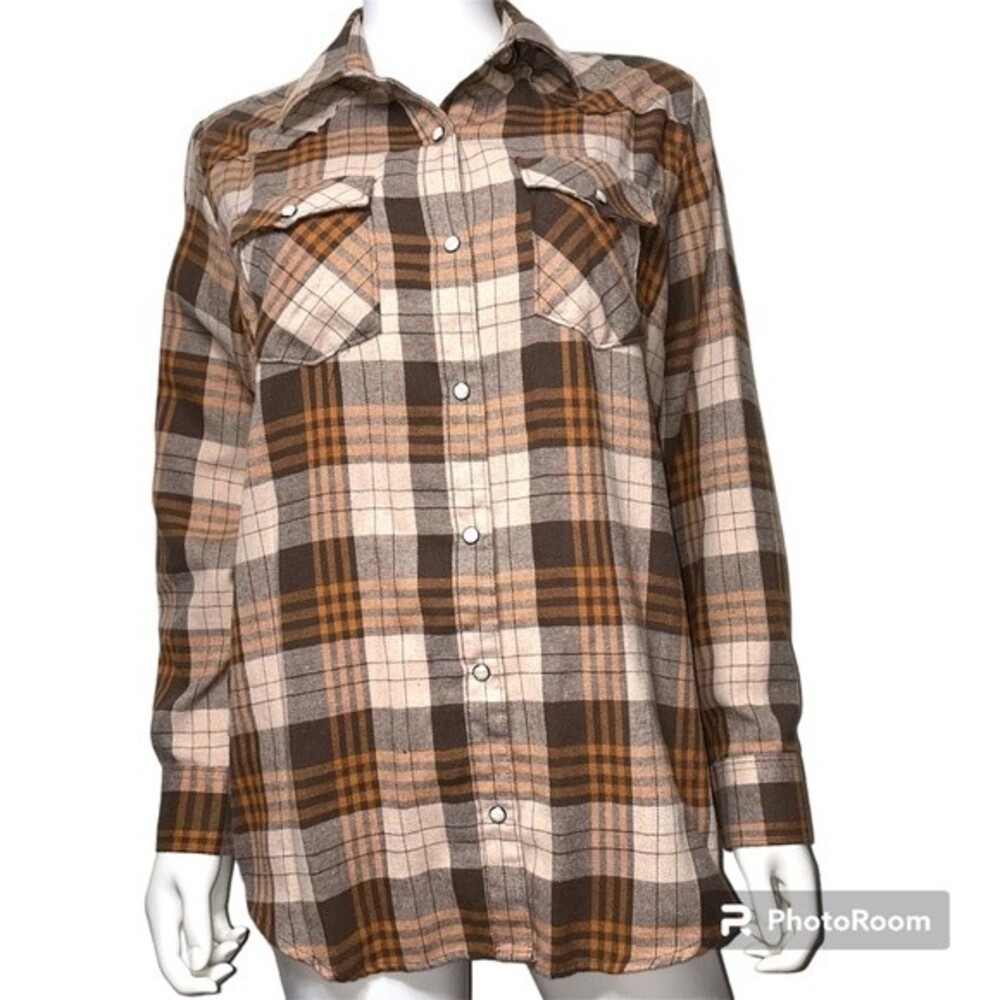 Pashartuk Western Orange Brown Plaid Pearl Snap Button Long Sleeve Shirt Size L